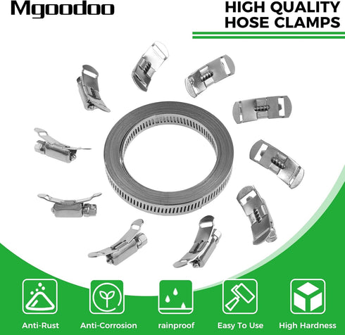 Mgoodoo 304 Stainless Steel Worm Clamps Assortment Kit, 13 FT Large Hose Clamp Strap with 10 Fasteners for Intercooler