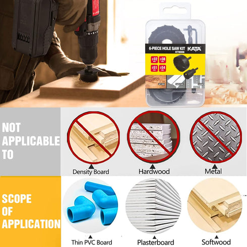 KATA 6PCS Hole Saw Kit 1-1/4" to 2-1/8"(32-54mm) with Mandrels and Hex Key in Case for Soft Wood, PVC Board, Plywood
