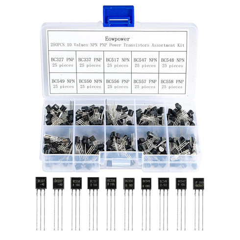 Eowpower 250 Pieces NPN PNP Power Transistors Assortment Kit, 10 Values - BC327, BC337, BC517, BC547, BC548, BC549,