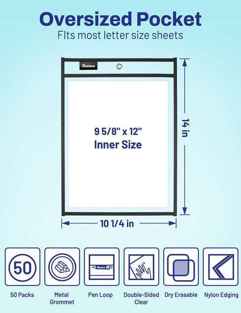 50 Packs 3 10x14 SUNEE Oversized Reusable Dry Erase Pocket Sleeves with Rings, Black Ticket Holders, Clear Plastic