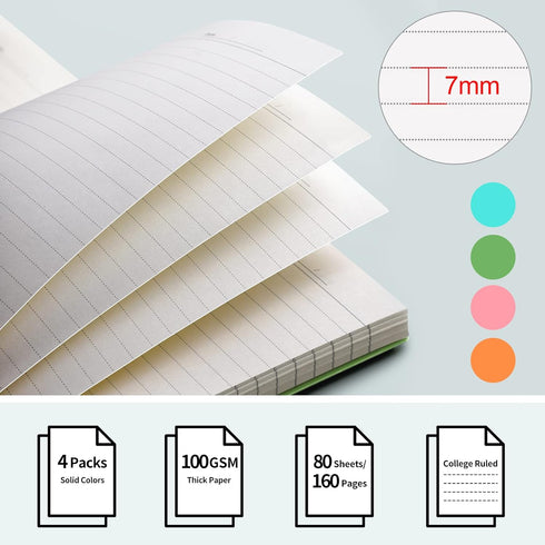 EMSHOI College Ruled Spiral Notebook, 4 Pack 5.7" x 8.22" A5 Small Notebooks for Work, 640 Pages 100gsm Thick Lined Journal, with Sticky Notes, Plastic Hardcover, Orange, Green, Pink, LightBlue