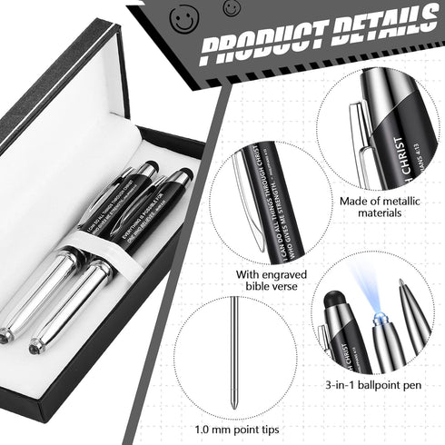 Christian Gift Pen Mark 9:23 Philippians 4:13 with Engraved Bible Verse, Touch Stylus Pen with Flashlight