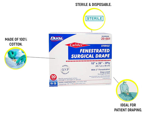 50 3-Ply 18" 26". Dukal Case of Drape Sheets x Fenestrated Sterile Surgical Barrier Drapes. Tissue-Poly-Tissue Medical