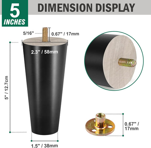 FoDau770 5 Inches, Set 4, 5/16" Black Rubber Wood Furniture Legs Straight Tapered Wood Feet Mid Century Sofa Legs