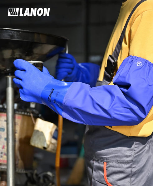 LANON 26" Elbow Length Heavy-Duty PVC Chemical Resistant Gloves, Large Rubber Protection