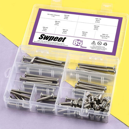 Swpeet 85Pcs M6 20/30/40/50/60/70/80mm 1Pc Nickel Plated Screws Kit, Hex Socket Head Cap Crib Baby Bed Bolt and Barrel