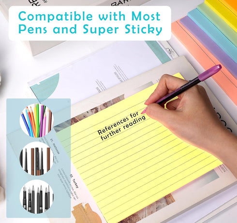 Lined Self Stick Post-it Notes, 6 x 8 in, 8 Pack Large Ruled Stickies, Strong Adhesive, 50 Sheets/Pad for Home, Office,