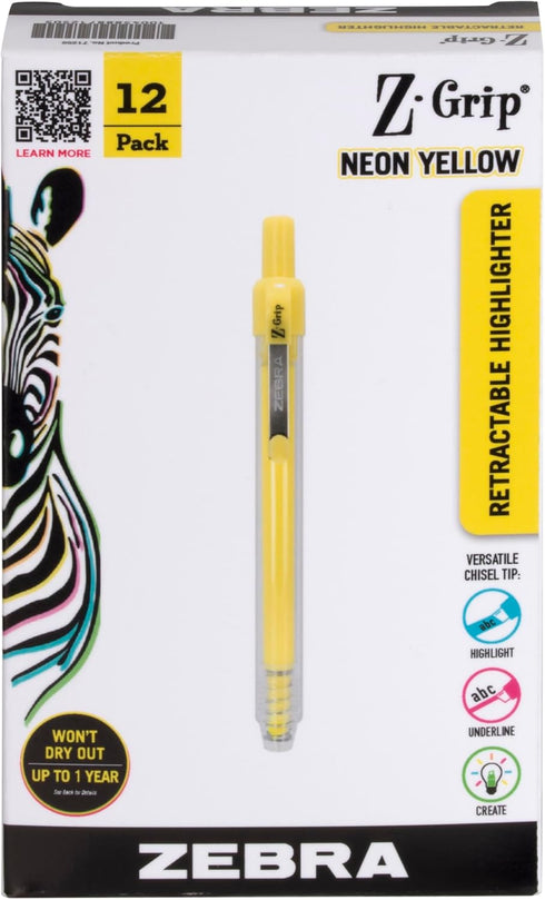 Zebra Pen Z-Grip Retractable Highlighter Marker Set, Chisel Tip, Neon Yellow, 12-Pack