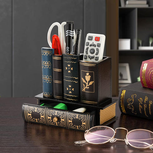 Tosnail Decorative Pen Holder with Storage Drawer, Antique Library Design Wooden Pencil Organizer for Office Supplies