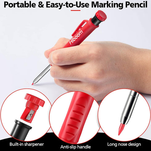 Hiboom Carpenters Pencil with 12 Refills and Spring Loaded Nail Set Tool for Heavy Duty Woodworking