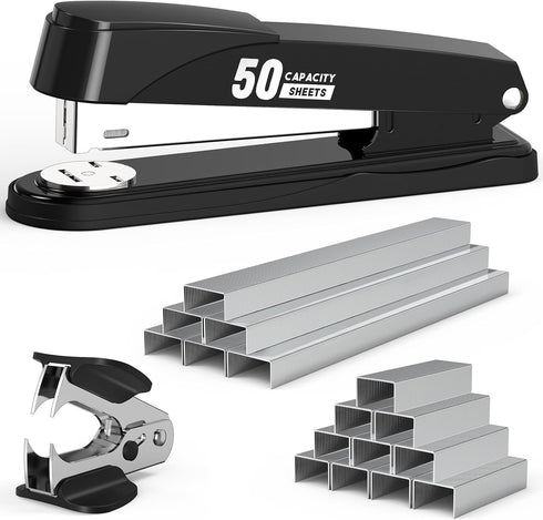 Metal Stapler, Heavy Duty 50 Sheet Capacity, Includes 1750 Staples and Staple Remover, Non-slip Office Stapler, Black