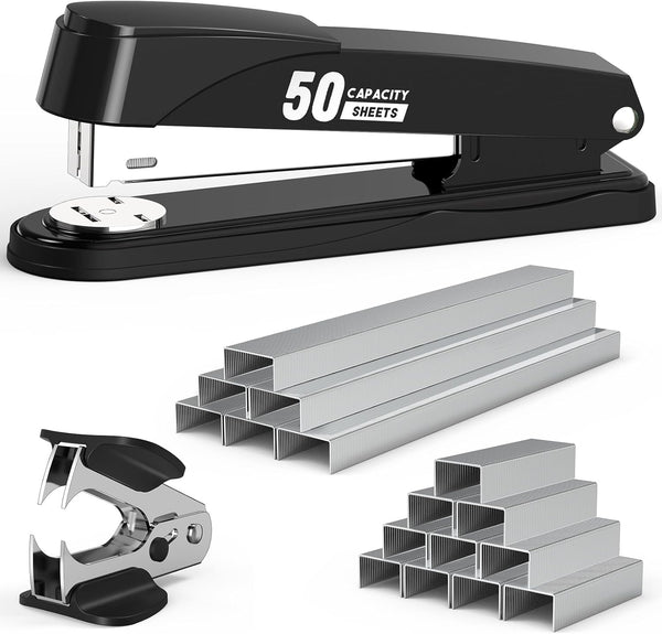 Metal Stapler, Heavy Duty 50 Sheet Capacity, Includes 1750 Staples and Staple Remover, Non-slip Office Stapler, Black