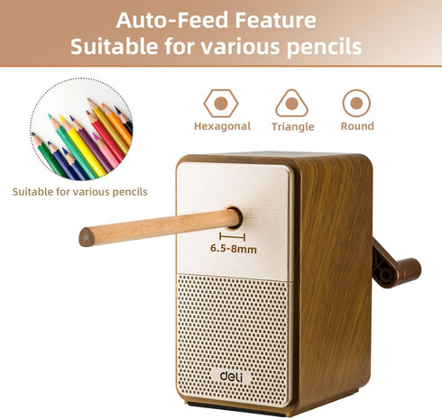 Deli Manual Pencil Sharpener, Auto-in Hand Crank Pencil Sharpener with Adjustable Point for Pencils and Colored Pencils, Pencil Sharpener for Kids, Students, Classroom, Home and Office, Brown by deli