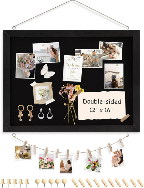 Double-Sided Black Cork Board with Linen, 16" x 12" Hanging Wood Framed Bulletin Board for School Office Decor