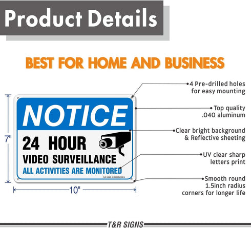 Video Surveillance Sign, All Activities Monitored, 2 Pack, 7 x 10 Inches, Rust Free Aluminum, Waterproof, UV Protected