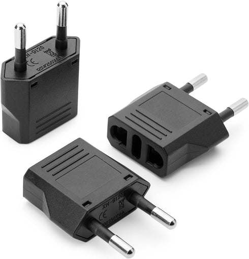Bates European Plug Adapter, 3 pcs, Black, US to Europe Plug Adapter, Electrical Adapters, Converter Plug
