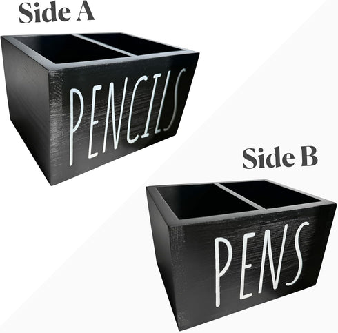 Wooden Pen Pencil Holder - Office Pen Holder for Desk Cute, Wood Pen Organizer For Desk & Desktop, Colored Pencil Organizer for Kids, 2 Compartment Pencil Storage Caddy, Black by YELLOW LOTUS