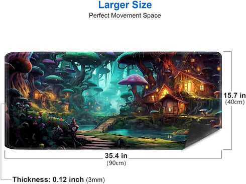 IMAYONDIA (35.4x15.7 Mushroom Anime Desk Mat in), Fairy Forest Large Gaming Mouse Pad for Laptop Computer, Tabletop