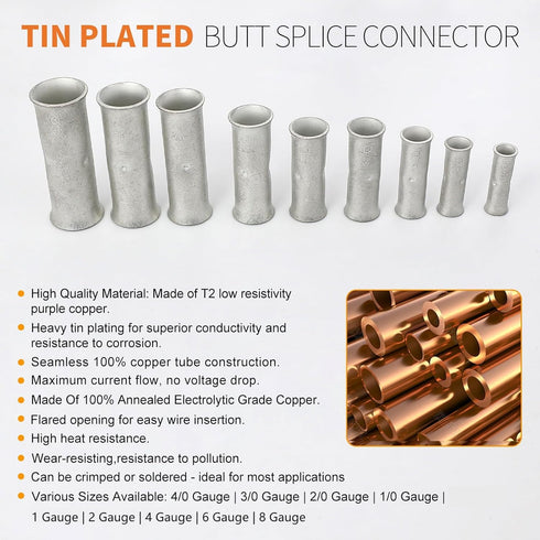 30 PCS 6 Gauge Butt Splice Connectors, Non-Insulated Crimp Wire Terminals with 3:1 Heat Shrink Tube, Tinned Copper