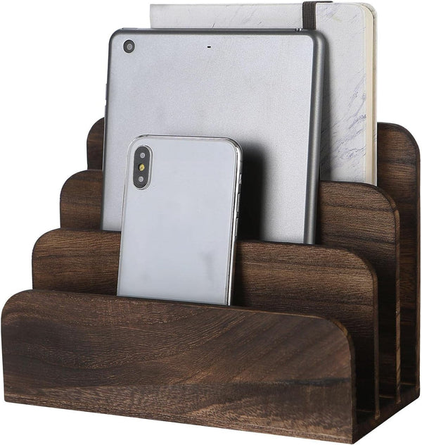 File Holder for Desk, Rustic Wood Paper Organizer, Mail Sorter for Desktop, Dark Brown