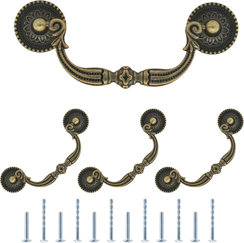 Vintage Drop Bail Drawer Pull Handles, 4Pcs 3.75 Inch Hole Center, Antique Bronze Cabinet Pulls with Screws for