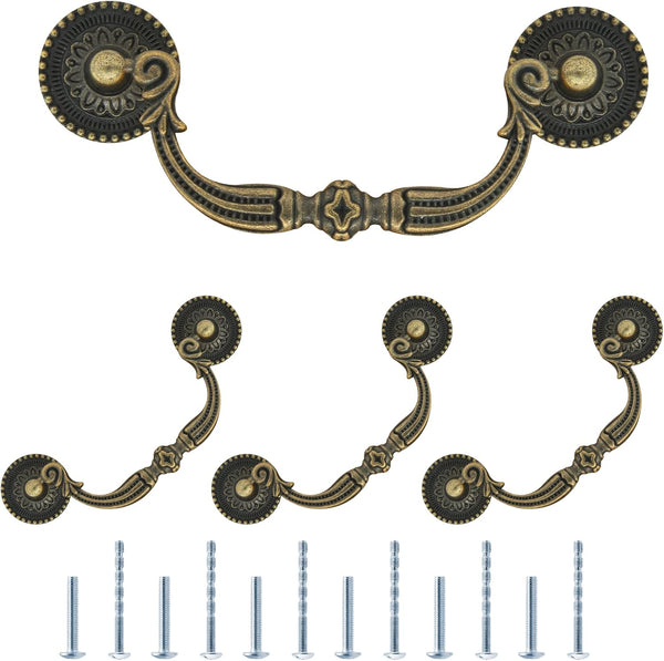 Vintage Drop Bail Drawer Pull Handles, 4Pcs 3.75 Inch Hole Center, Antique Bronze Cabinet Pulls with Screws for