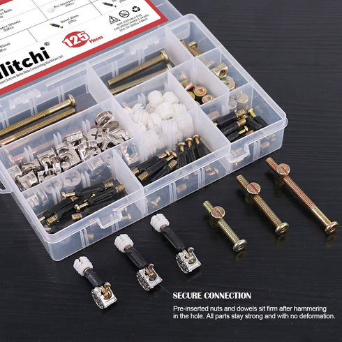 Hilitchi 125 Pcs 3 in 1 Cam Fitting with Dowel, Pre-inserted Nut, Zinc Plated Hex Drive Socket Cap Furniture