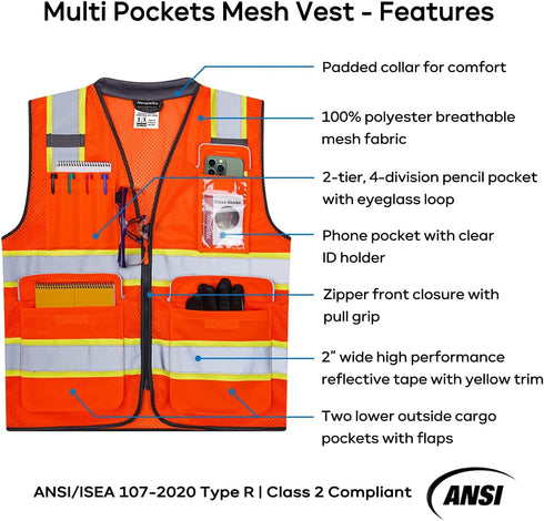 Reflective Safety Vest, Orange Mesh, High Visibility with Pockets and Zipper, Padded Neck, ANSI Class 2, Orange with