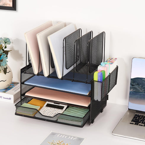 Desk Organizers and Accessories, 3-Tier Paper Organizer with 5 Vertical File Holders, File Organizer for Desk with