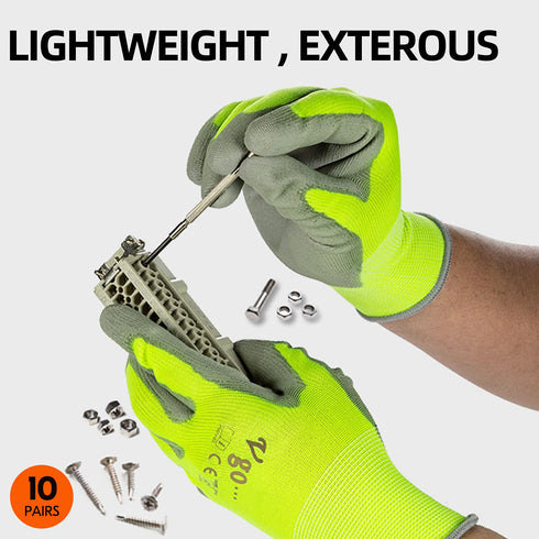 Vgo... 10-Pairs Safety Work Gloves - Gardening Gloves, Polyurethane Coated, Latex Free (Size L, Yellow, PU2103)