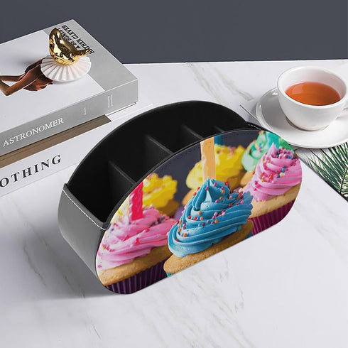 JTREHY 5 Colorful Happy Birthday Cupcakes Remote Control Holder with Compartments Pu Leather Remote Caddy Box