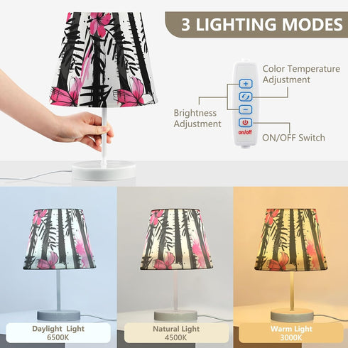 3 ALAZA Bedside Lamp Stripes Black White Tropical Pink Flower Table Lamp for Bedroom Desk Lamp with USB Port LED