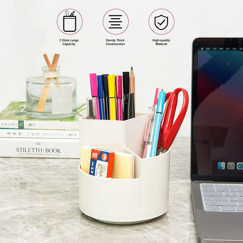 Desk Pencil Pen Holder, 3 Slots 360-Degree Rotating Organizer for Home, Office, School, Kids, White
