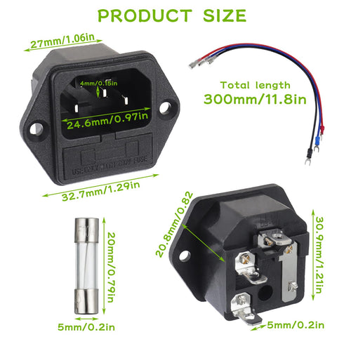 AC 250V 10A 2 in 1 Mount Inlet Module Plug Socket Power Entry Connector Male Blades with 10A Fuse and 18 AWG Extension Cable