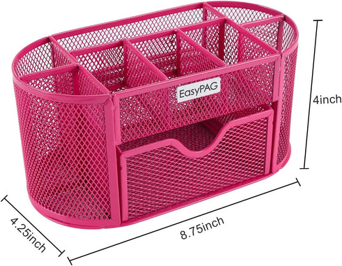 EasyPAG Desk Organizer, Mesh Desktop Office Supplies Caddy with Drawer, Pink