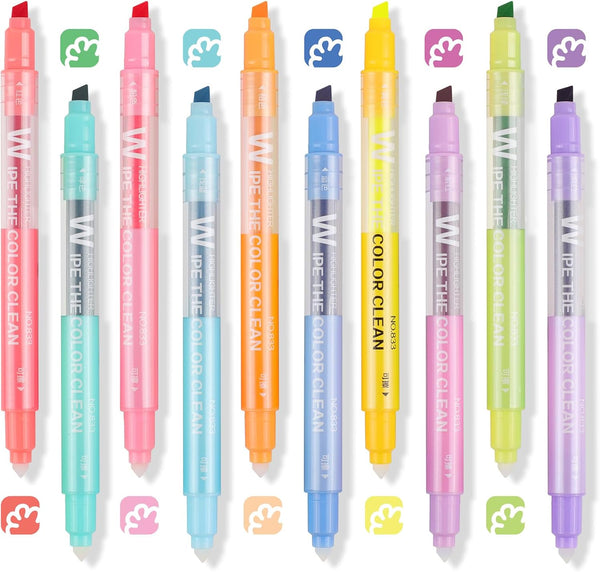 Erasable Highlighters, Dual Tip 10 Count Assorted Colors, Book Journaling Highlighters, No Bleed Bible Highlighters for