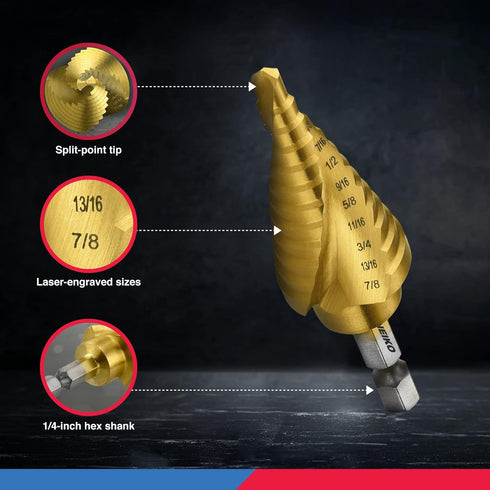 NEIKO 10181A Step Drill Bit Set, 3 Piece, Spiral Grooved for Faster Drilling, Unibit Cone Drill Bits