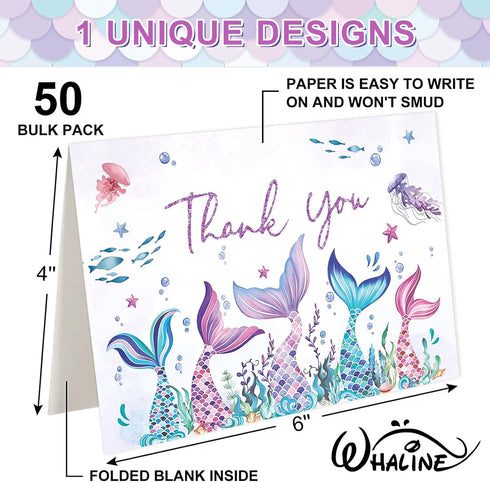 50 4 6 Inch Whaline Pcs Mermaid Thank You Cards Greeting Cards Purple Glitter Boxed Blank Note Card with Envelope