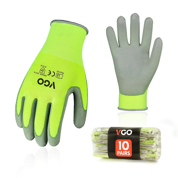 Vgo... 10-Pairs Safety Work Gloves - Gardening Gloves, Polyurethane Coated, Latex Free (Size L, Yellow, PU2103)