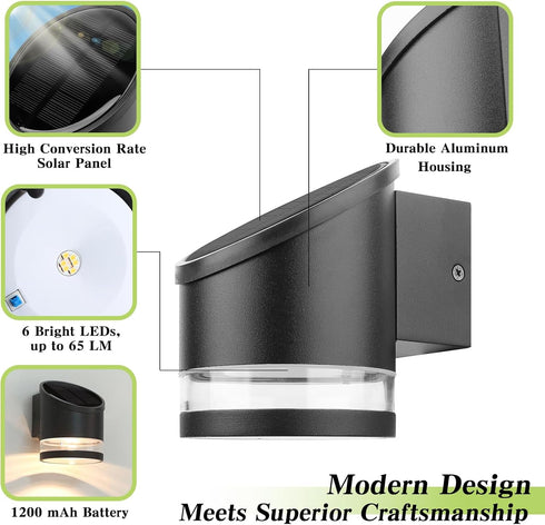 HFVLITE IP54 1-Pack Solar Wall Light Outdoor Dusk to Dawn, Aluminum Wall Sconce Waterproof, Cordless LED Decor Light
