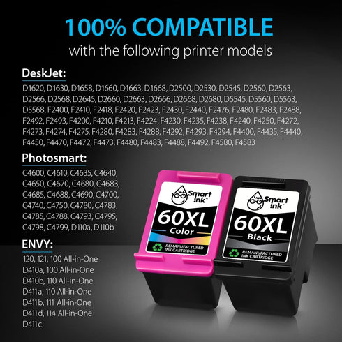 Smart Ink Remanufactured Ink Cartridge Replacement for HP 60 XL 60XL (Black & Color Combo Pack) for Deskjet Printers