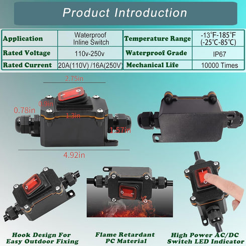 IP67 Waterproof Inline Cord Switch DPST AC 20A-125V, 16A-250V, On Off Toggle Switch with Red Light Rocker Button