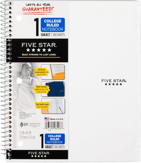 Five Star Spiral Notebook, 1 Subject, College Ruled, 11" x 8-1/2", Assorted Designs, 6 Pack