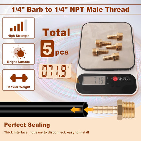 5pcs Brass Hose Barb Fittings (1/4 Inch Barb to 1/4 Inch NPT Male Thread Air Hose Fittings Adapter Connector for Water