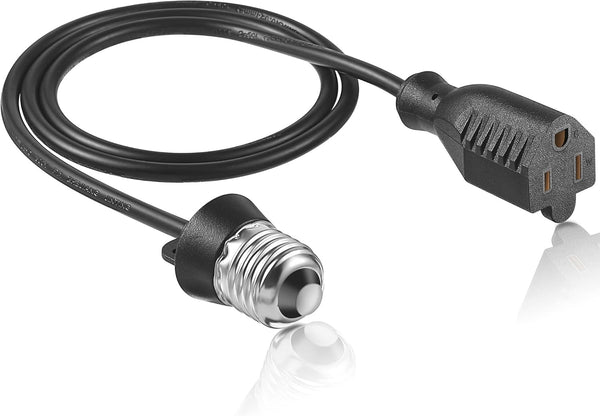 3 Outlet Light Socket Adapter - Convert E26/E27 Bulb Socket to 3 Prong Outlet with Extension Cord (Black, 1 Pcs)
