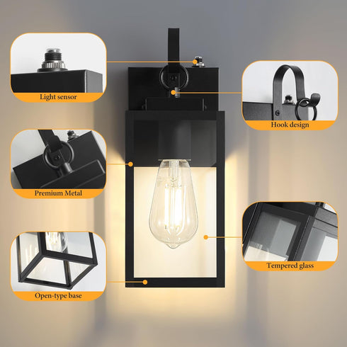 RLdream 11.8-inch IP65 Dusk to Dawn Outdoor Wall Lights, Black Exterior Light Fixture with Clear Tempered Glass