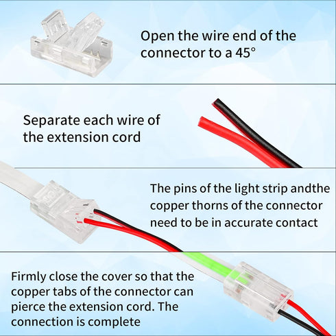 HOMELYLIFE 2Pin COB LED Strip Connectors, 8mm Solderless 10 Pack with 16.4ft Extension Cable for COB LED Strip Lights