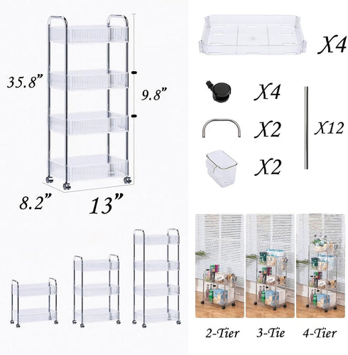 Dalekana 4-Tier 8.2W 13L 35.8H Plastic Clear Rolling Utility Cart with Wheels, Lightweight-Usage Multifunctional