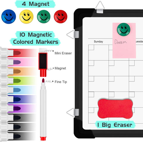 Polegas Magnetic White Board Dry Erase Calendar, 16" x 12" Monthly Calendar for Wall, Small Double Side Board (Black)