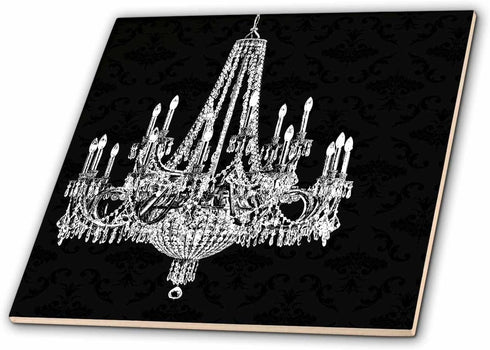 3dRose White Chandelier with Black Damask 8 Inch Ceramic Tile